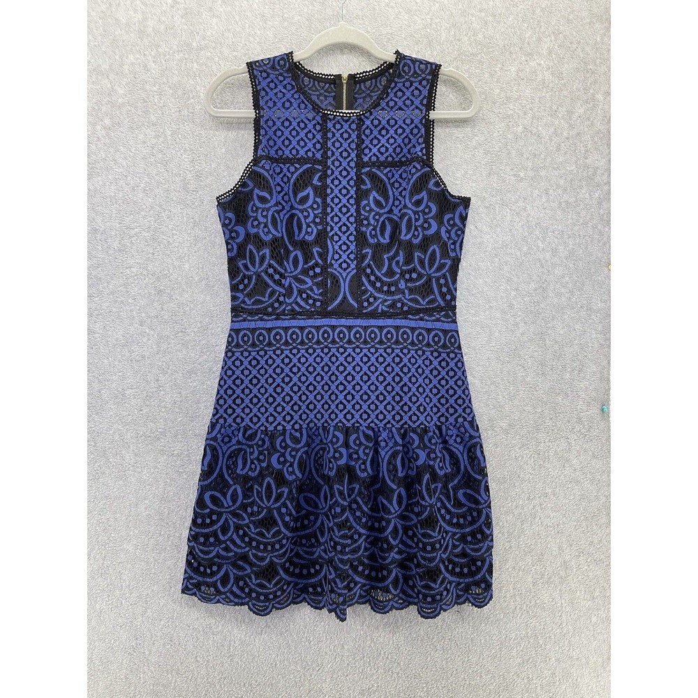Devlin Women's Dress Laser Cut Sleeveless Size Medium A Line Blue Black Lined